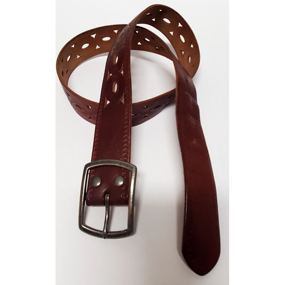 Lucky Brand Belt S Cognac Leather Pierced Tooled Leather Cowgirl Pewter Buckle - Picture 5 of 8